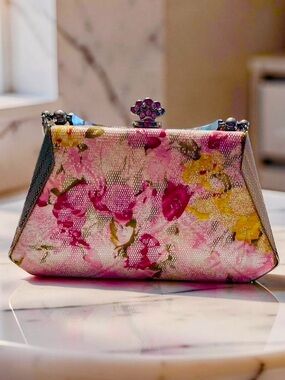 Vintage Floral Metallic Frame Clutch - Pink, Yellow & Silver